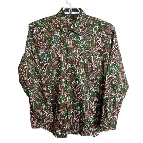 Alan Flusser Men's Sz L Green Red Brown Paisley Button Down Long Sleeve Shirt - Picture 1 of 7